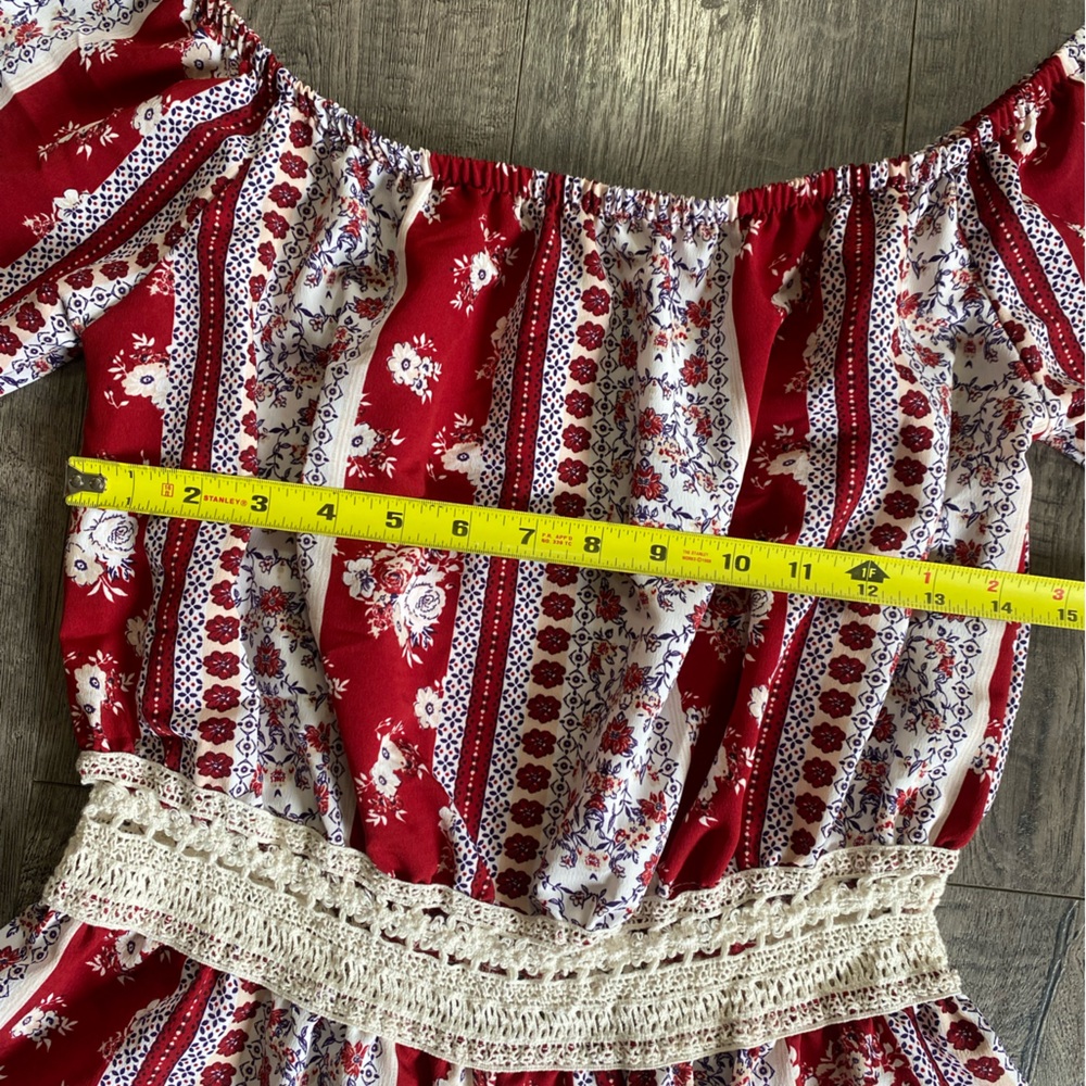 Rue21 Red Floral Off-Shoulder Romper with Crochet Waist - Picture 7 of 12